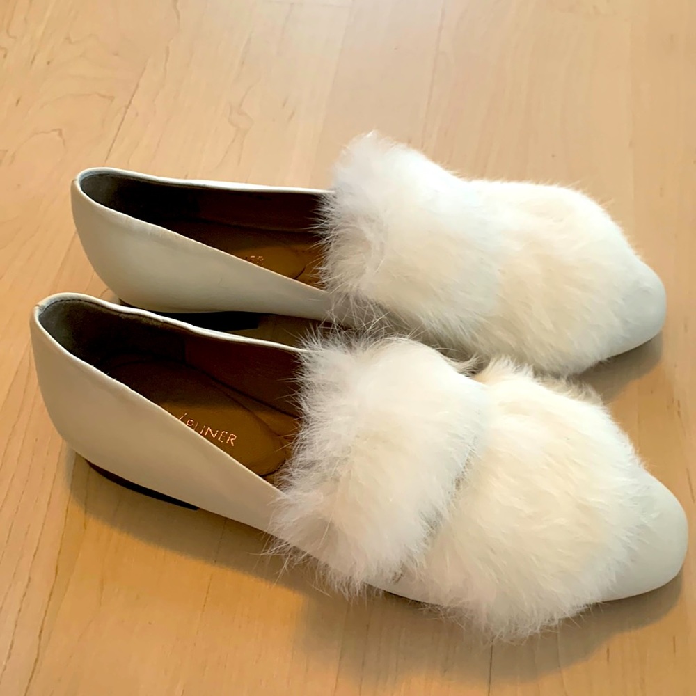 Donald Pliner white fur loafers